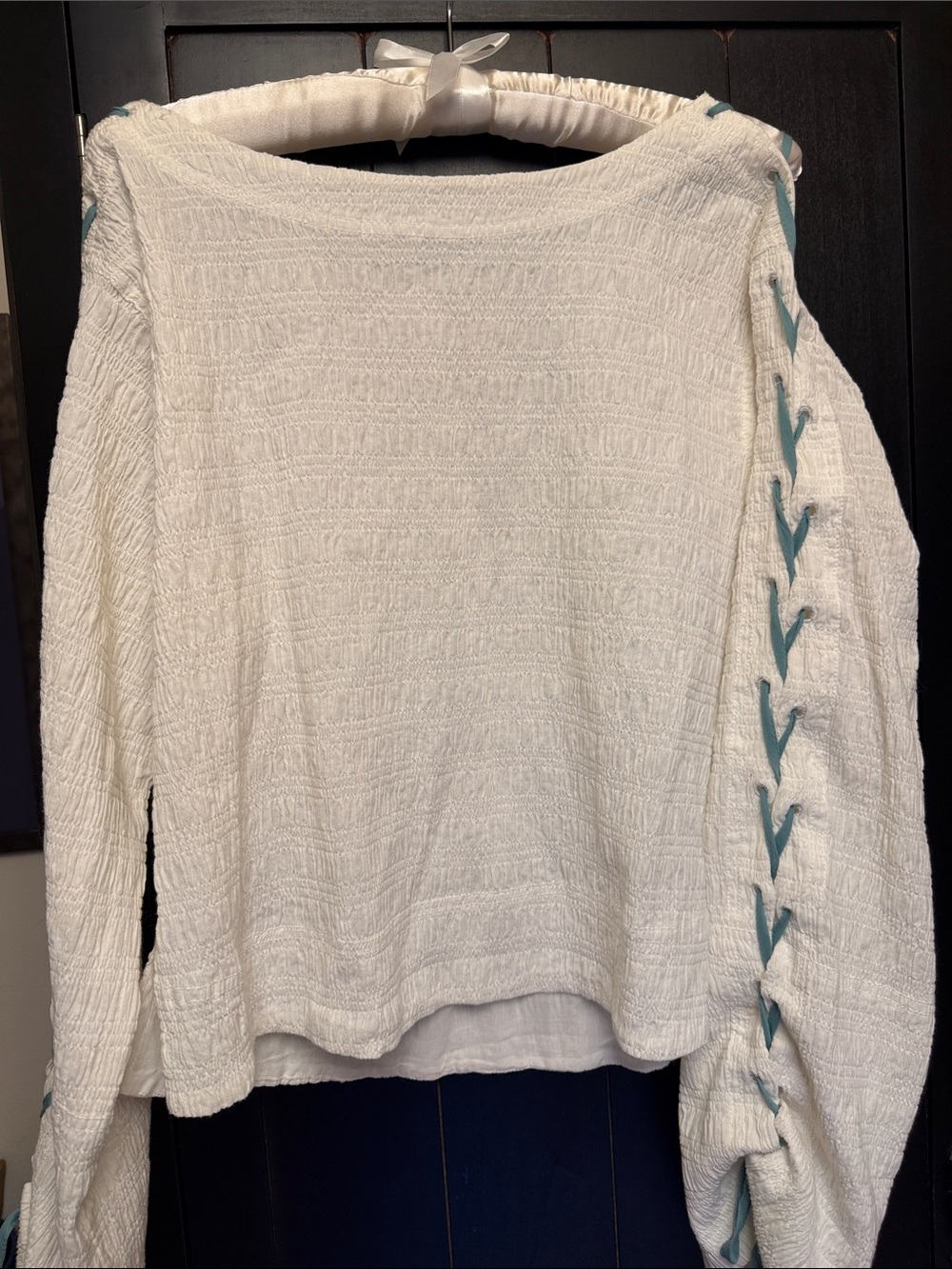 We The Free Cream Textured Crewneck Sweater with Teal Lace-Up Sleeves